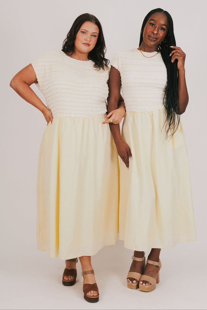 yellow ruffled bodice with solid skirt maxi dress models full
