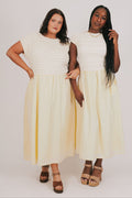 yellow ruffled bodice with solid skirt maxi dress models full