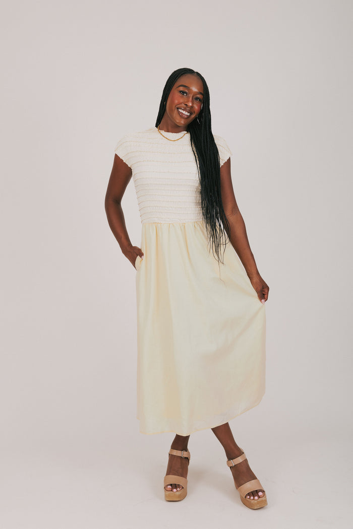 yellow ruffled bodice with solid skirt maxi dress full