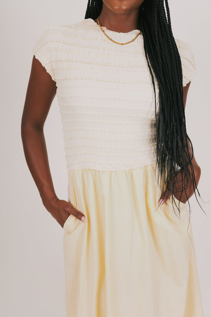 yellow ruffled bodice with solid skirt maxi dress close