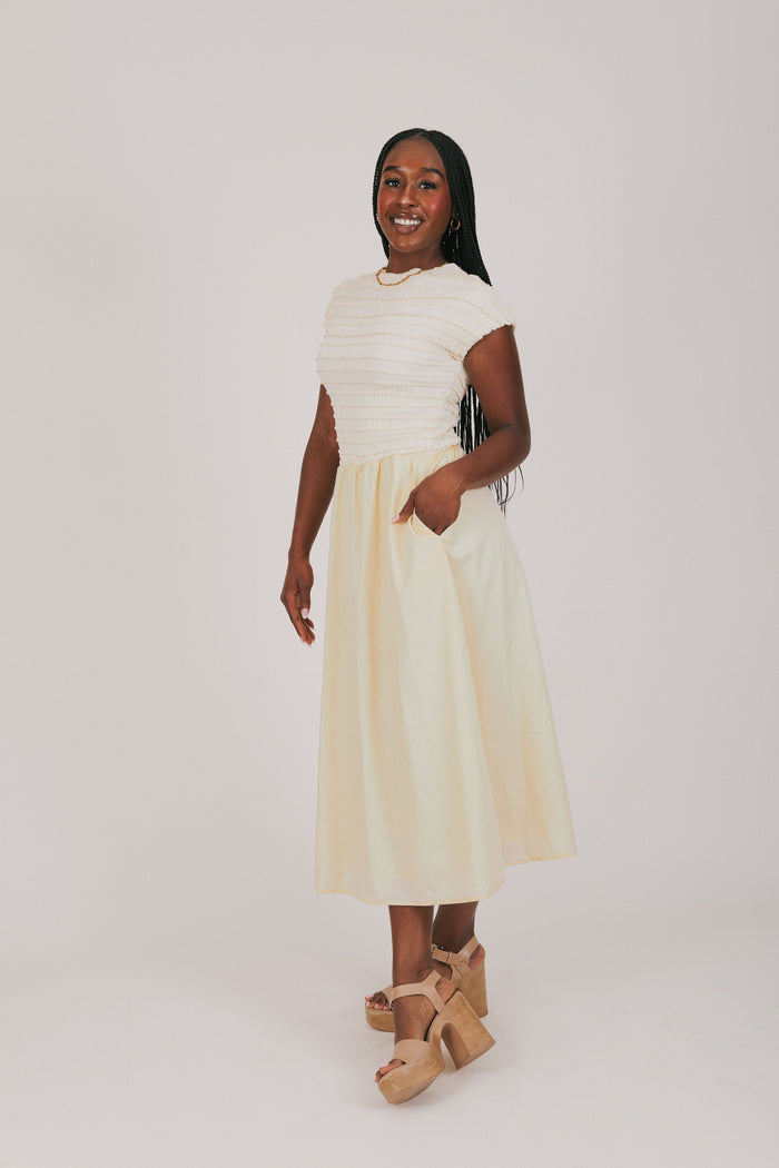 yellow ruffled bodice with solid skirt maxi dress side