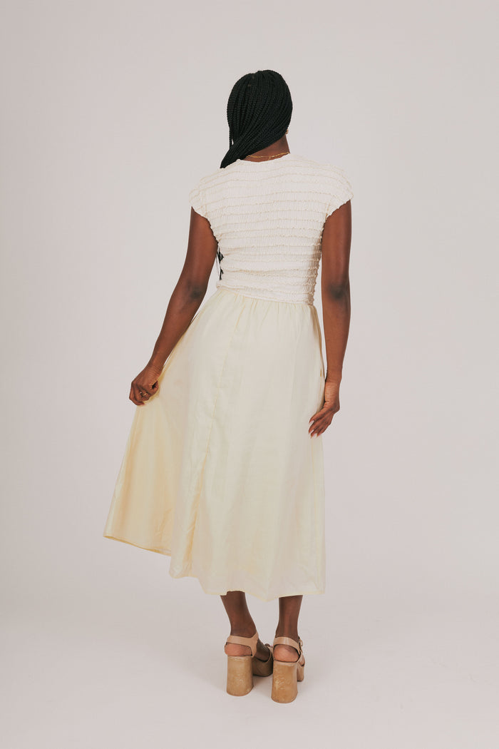 yellow ruffled bodice with solid skirt maxi dress back