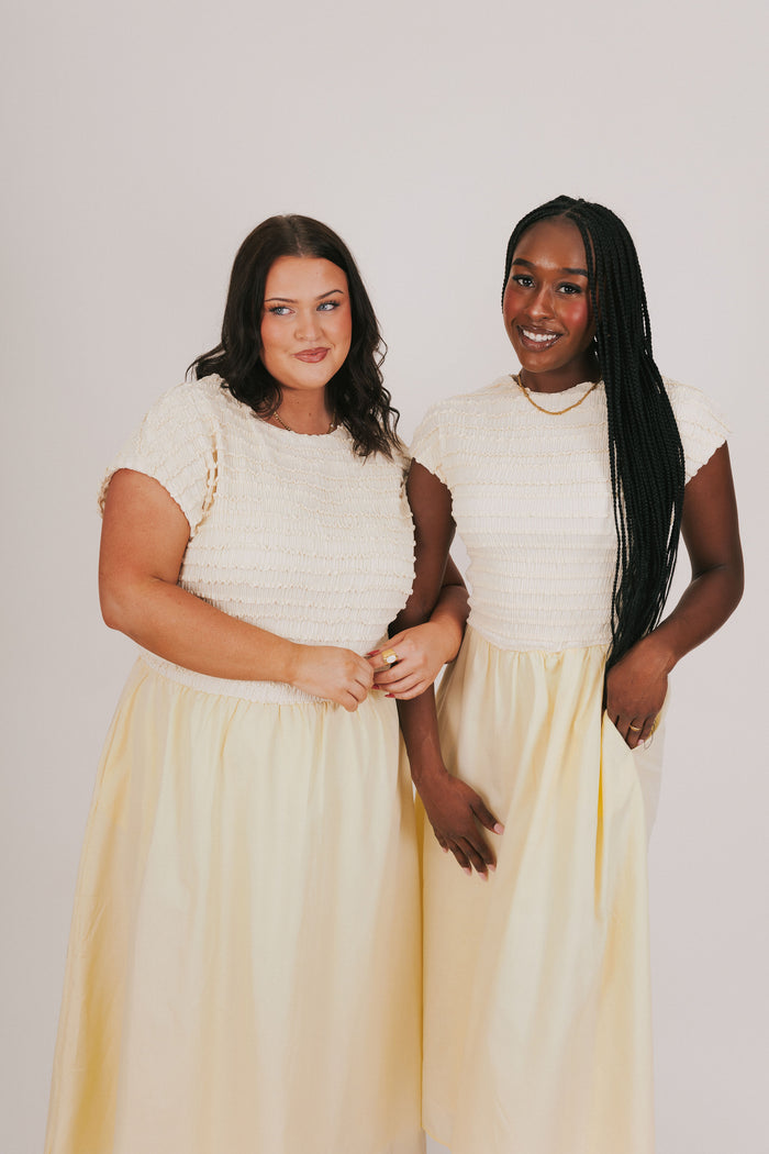 yellow ruffled bodice with solid skirt maxi dress models 2