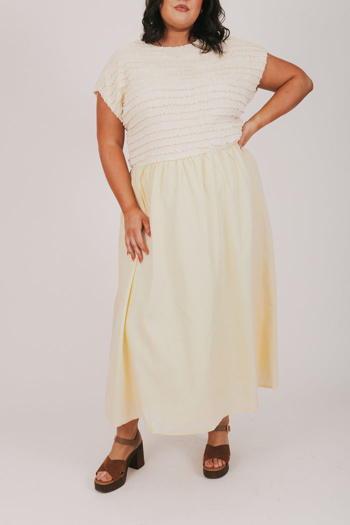 yellow ruffled bodice with solid skirt maxi dress plus front