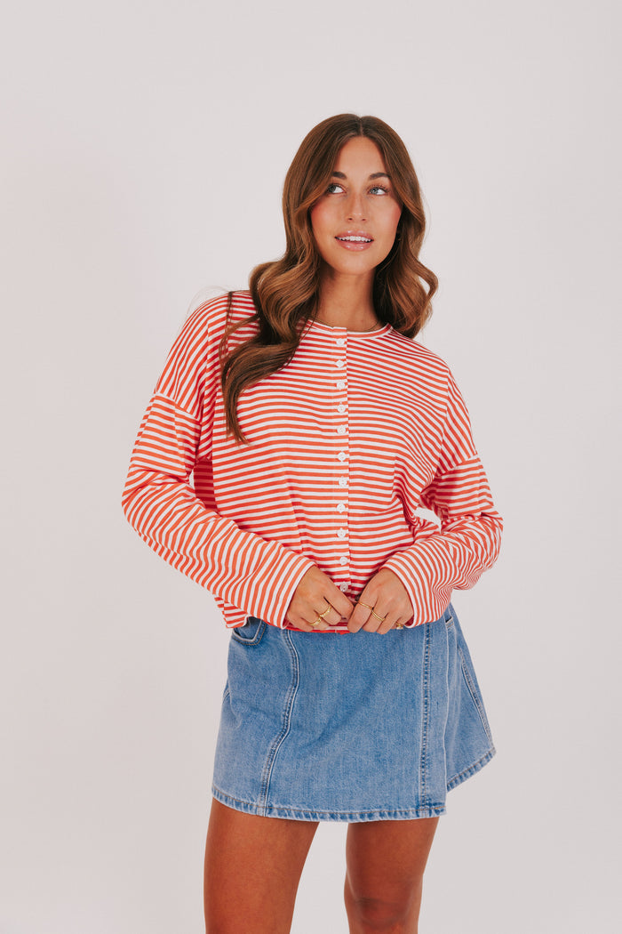 Tomato and white horizontal striped button up long sleeve tee