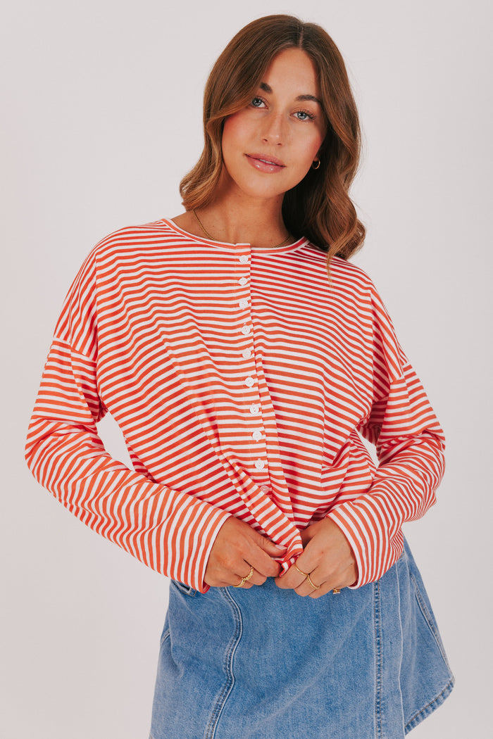 Tomato and white horizontal striped button up long sleeve tee