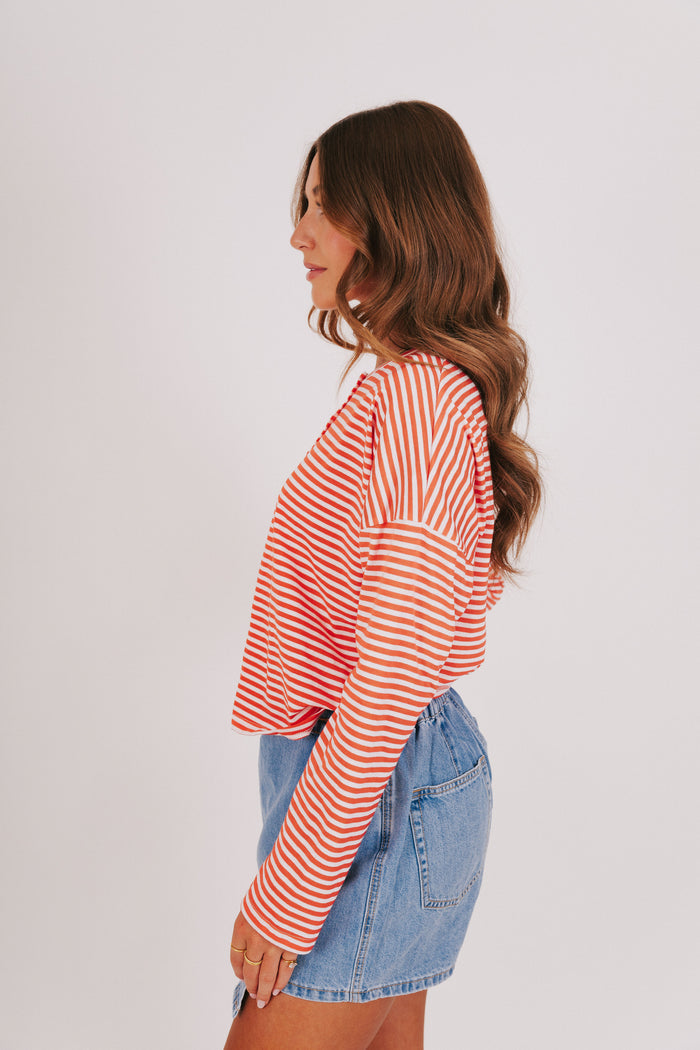 Tomato and white horizontal striped button up long sleeve tee