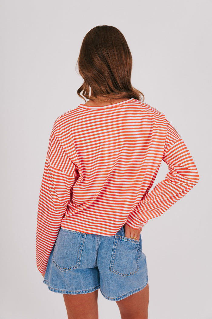 Tomato and white horizontal striped button up long sleeve tee