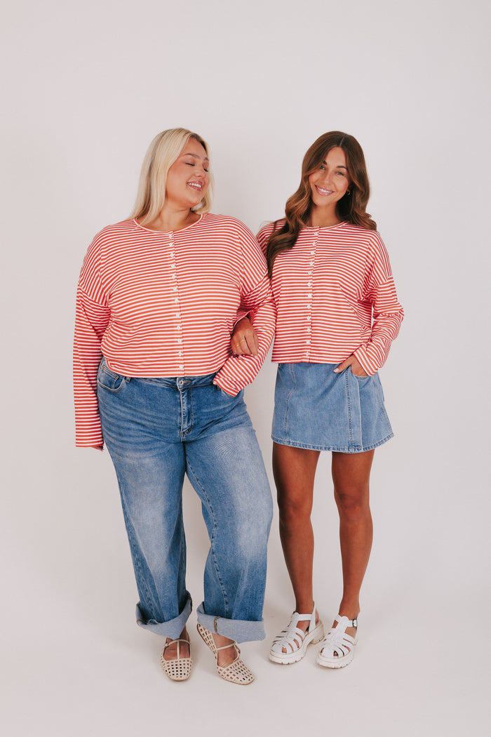 Tomato and white horizontal striped button up long sleeve tee