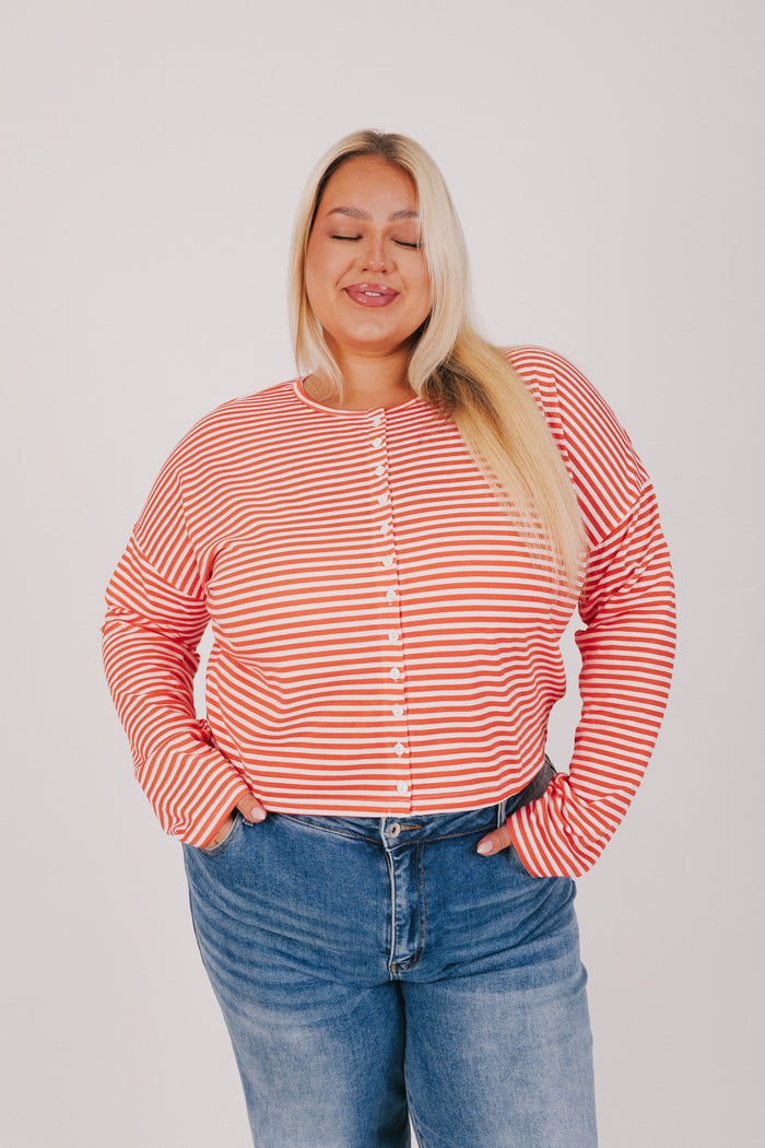 Tomato and white horizontal striped button up long sleeve tee