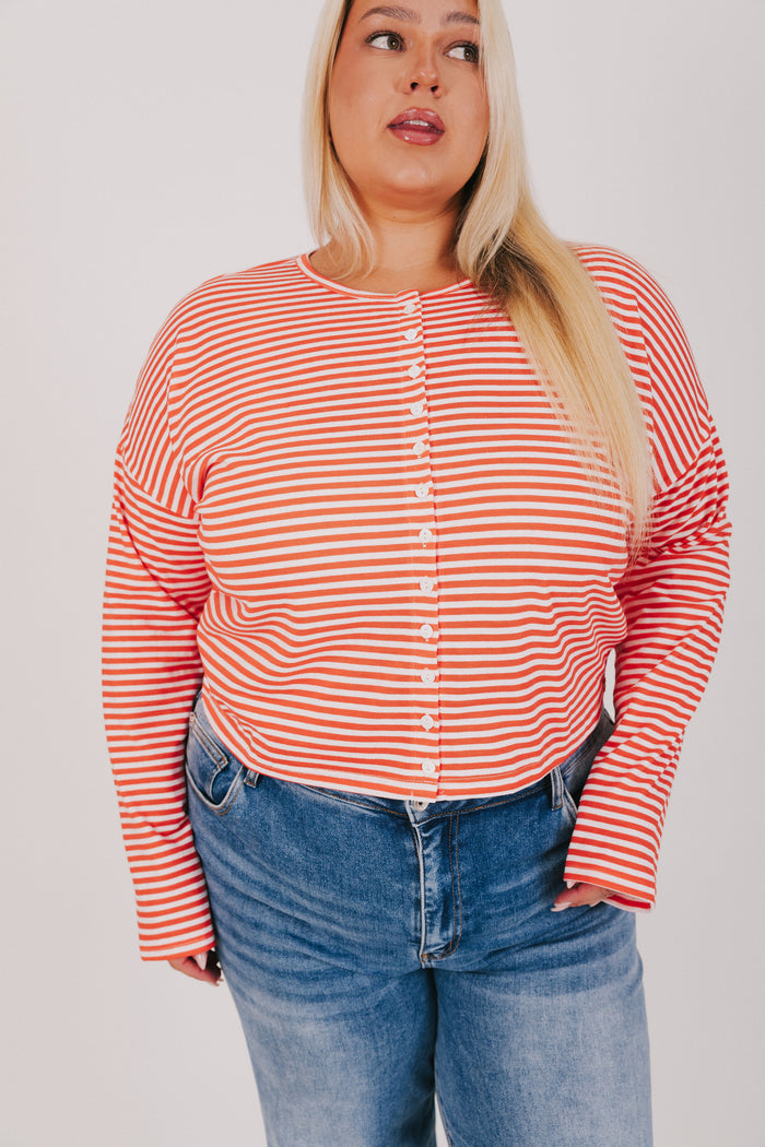 Tomato and white horizontal striped button up long sleeve tee
