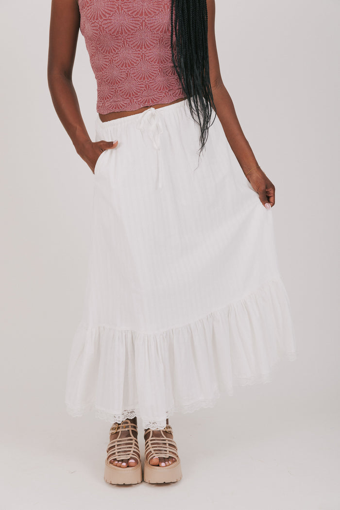 off white maxi skirt with lace trim front