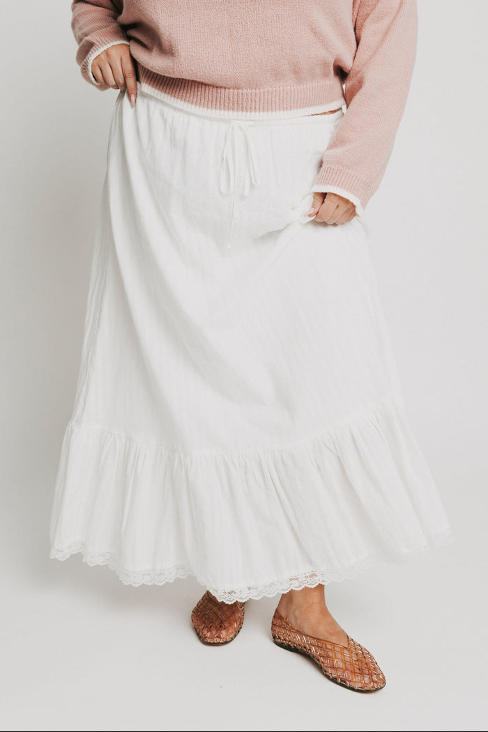 off white maxi skirt with lace trim plus front