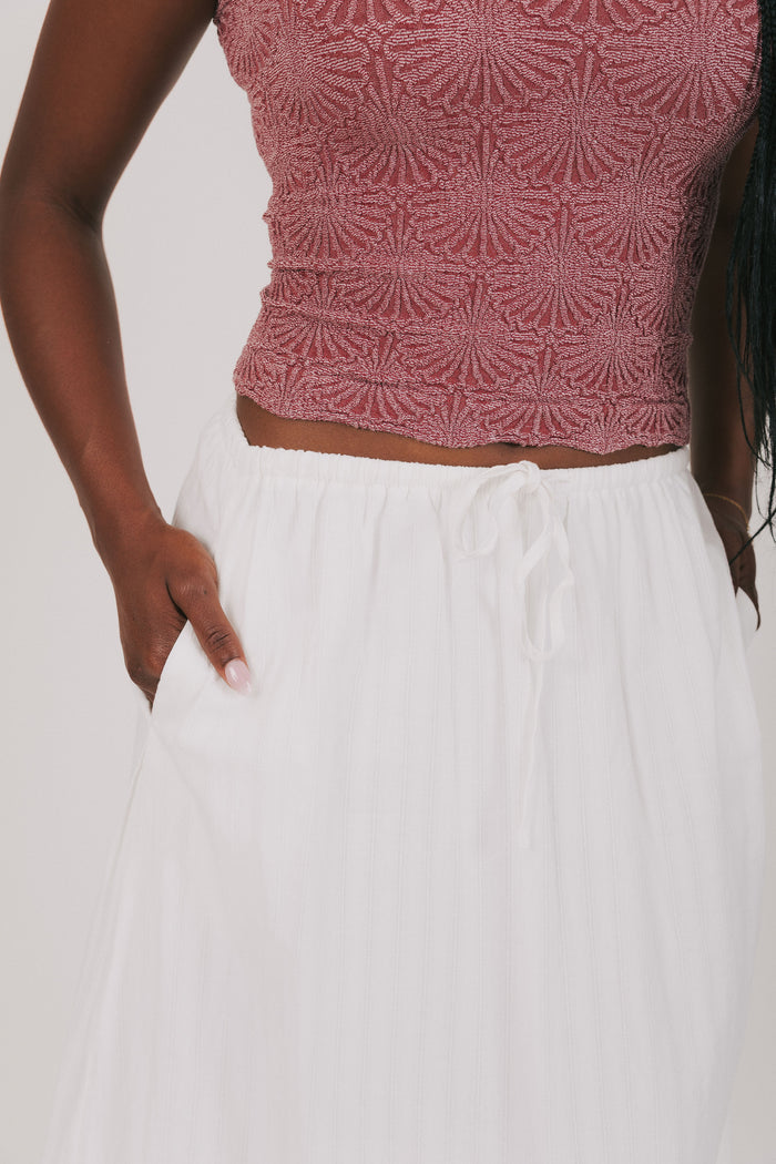 off white maxi skirt with lace trim waistline