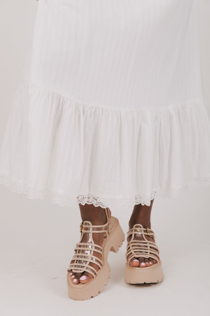 off white maxi skirt with lace trim hem