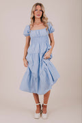 blue smocked tiered midi dress full