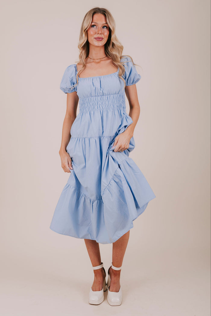 blue smocked tiered midi dress full