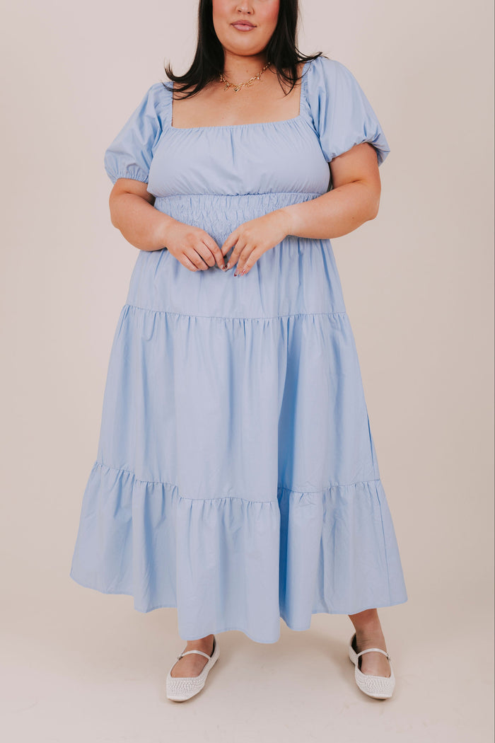 plus size blue smocked tiered midi dress front