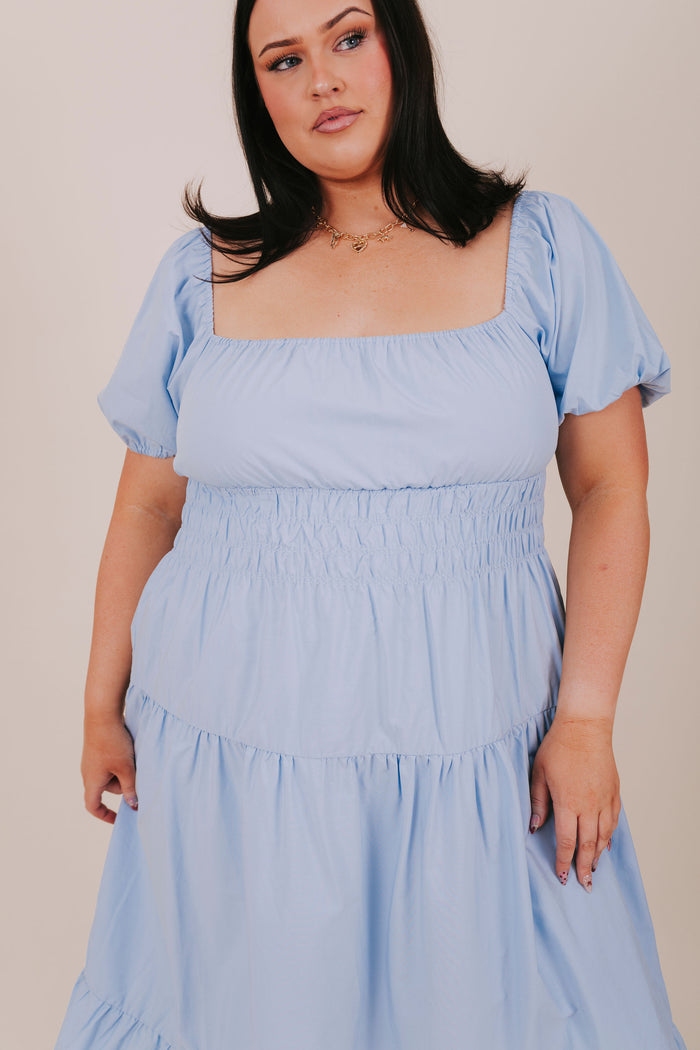 plus size blue smocked tiered midi dress detail
