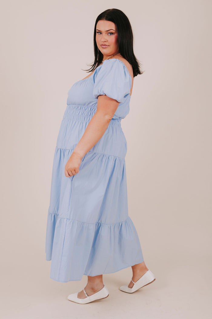 plus size blue smocked tiered midi dress side