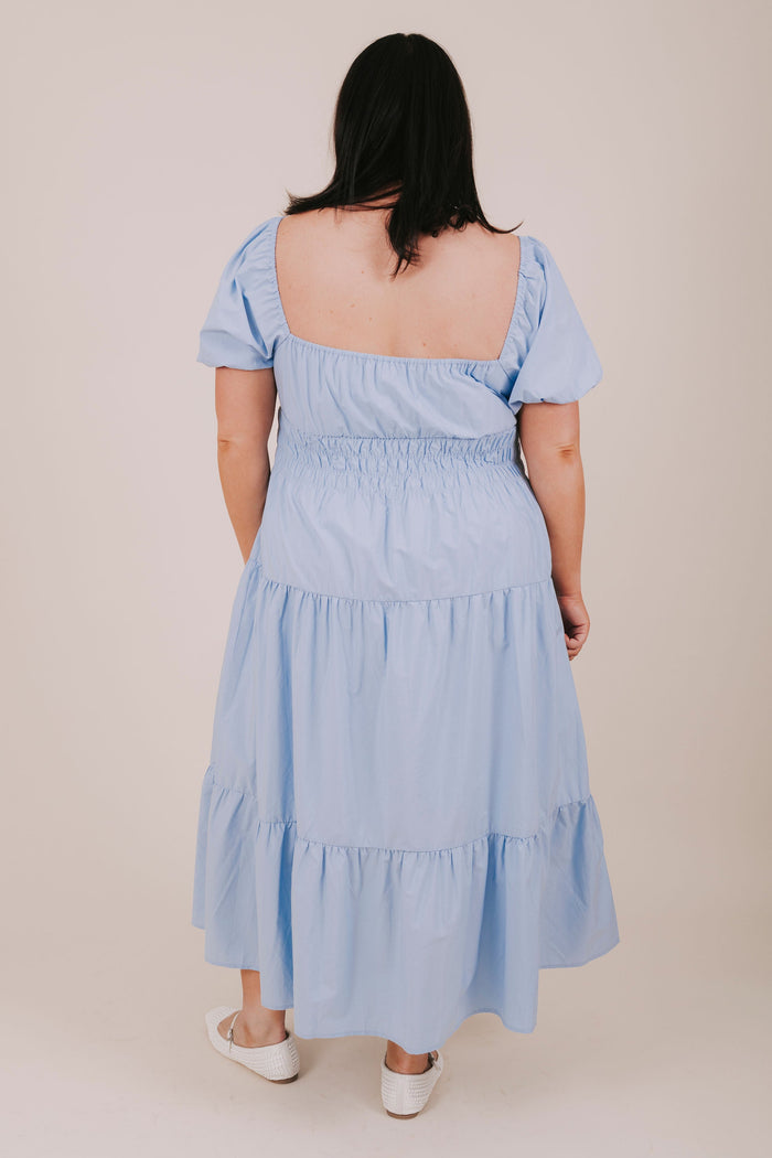 plus size blue smocked tiered midi dress back