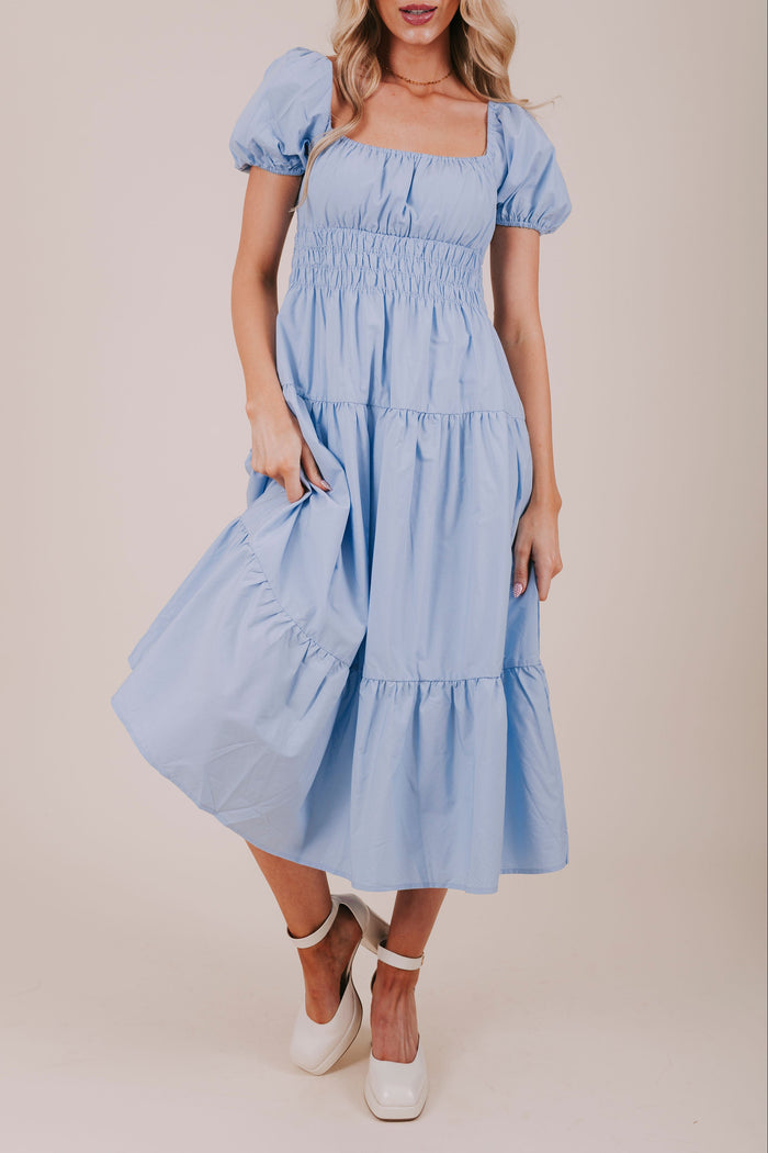 blue smocked tiered midi dress front