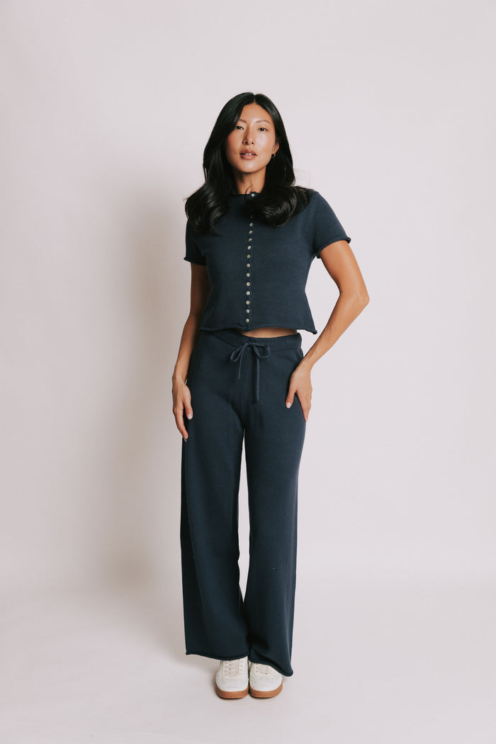 navy short sleeve button down top with rolled edges full