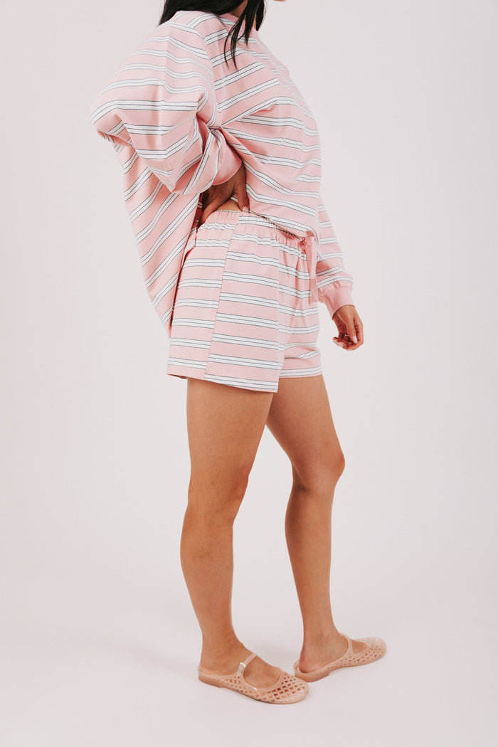 pink and white striped lounge shorts side