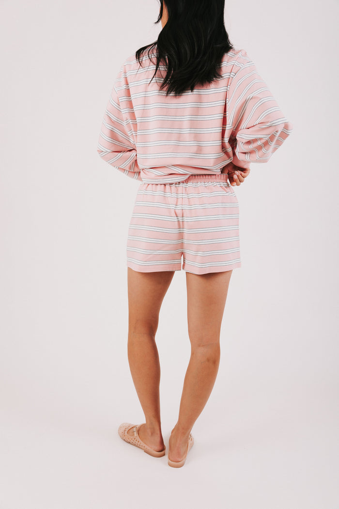 pink and white striped lounge shorts back