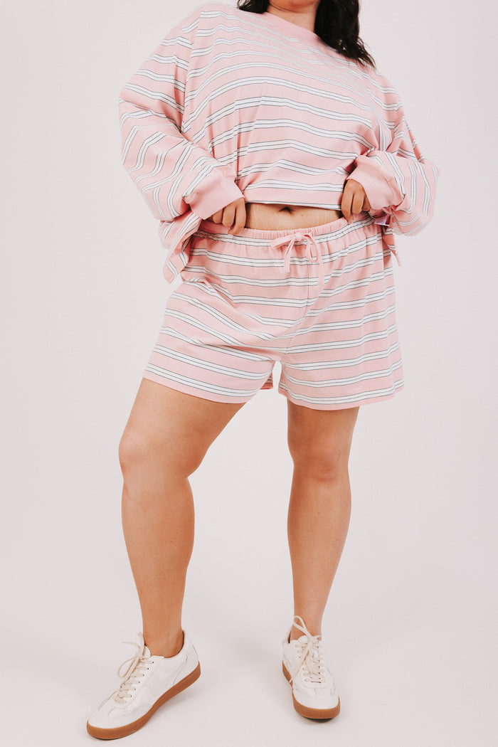 pink and white striped lounge shorts plus front