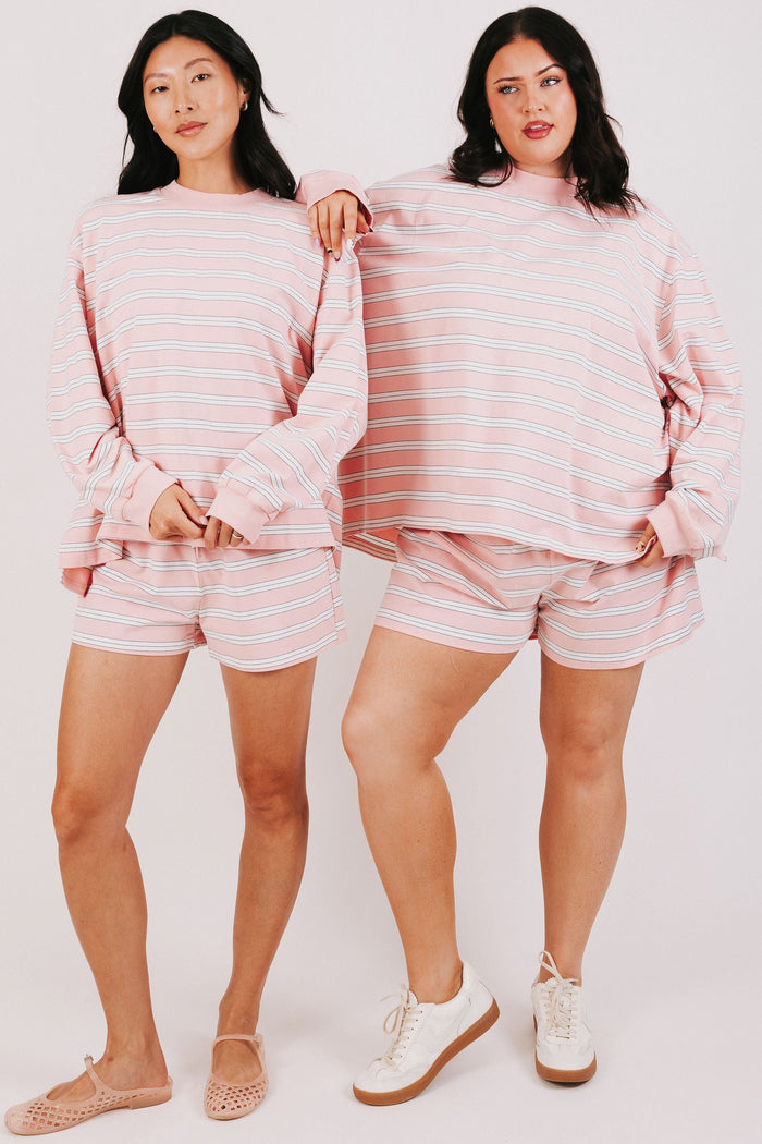 pink and white striped long sleeve lounge top models
