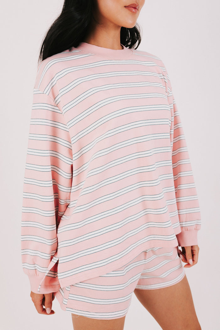 pink and white striped long sleeve lounge top