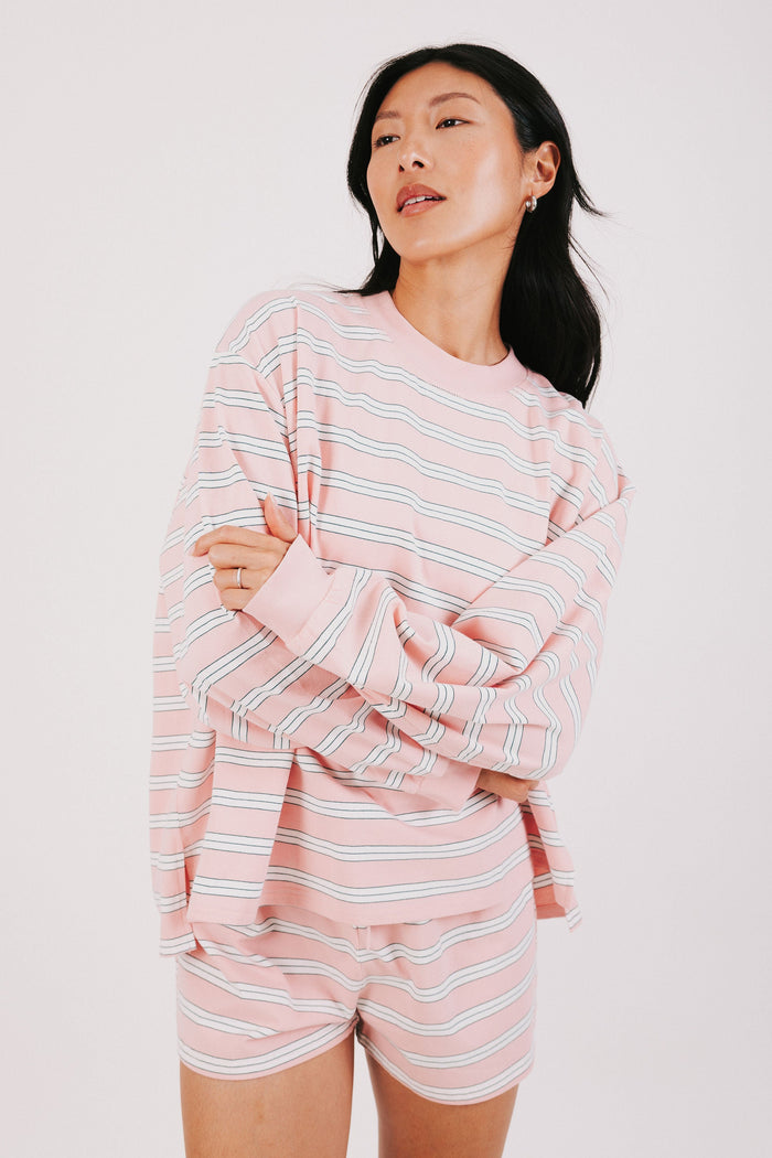 pink and white striped long sleeve lounge top front