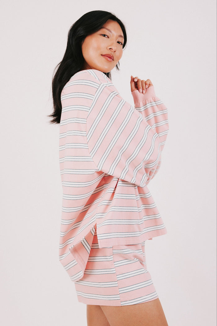 pink and white striped long sleeve lounge top side