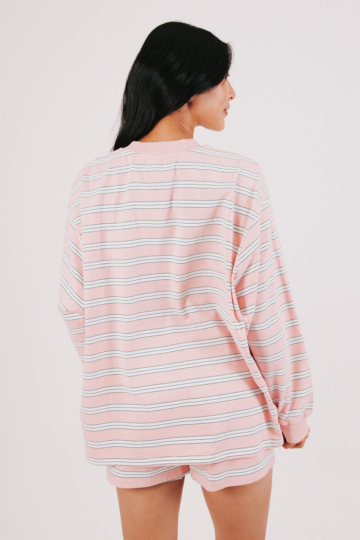 pink and white striped long sleeve lounge top