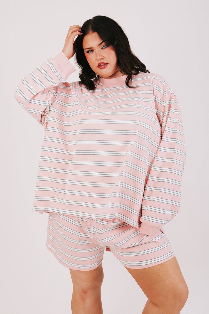 pink and white striped long sleeve lounge top plus