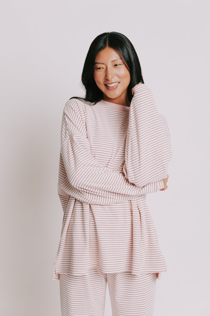 oversized ribbed striped long sleeve top pink