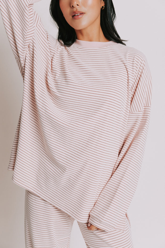 oversized ribbed striped long sleeve top pink front