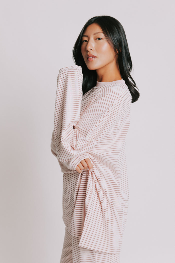 oversized ribbed striped long sleeve top pink side