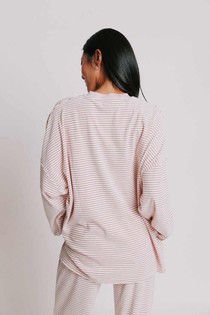 oversized ribbed striped long sleeve top pink back