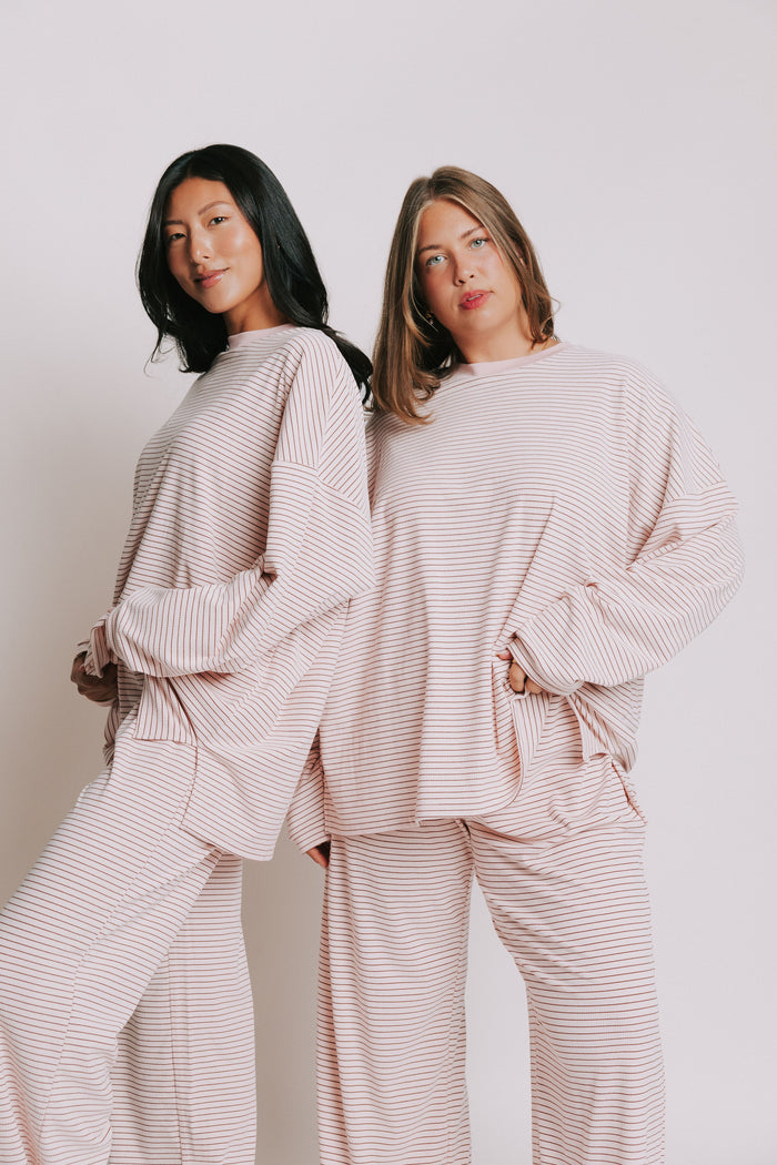 oversized ribbed striped long sleeve top pink models