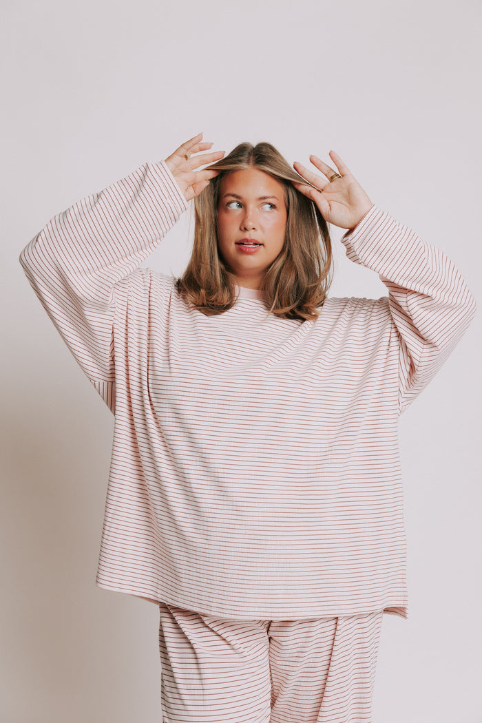 oversized ribbed striped long sleeve top pink plus