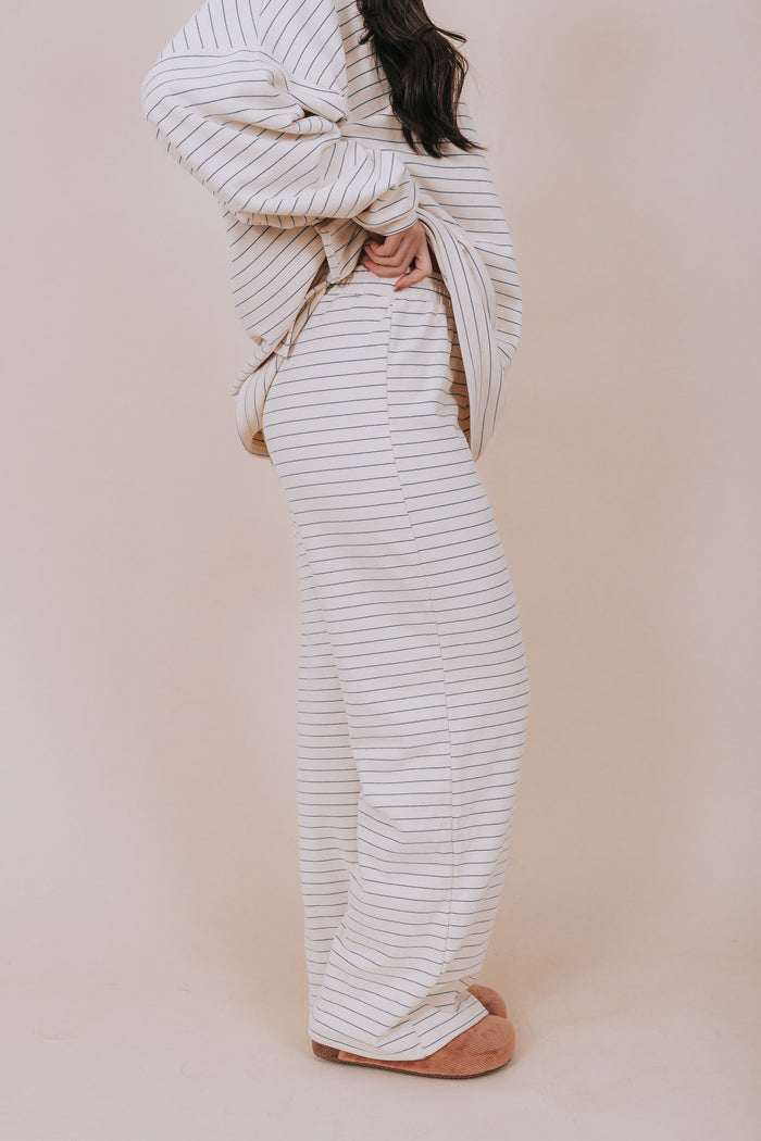 ivory and blue striped lounge pants side