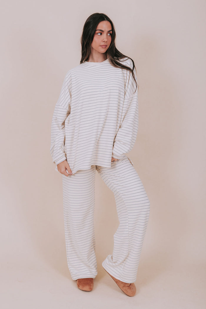ivory and blue striped lounge pants front