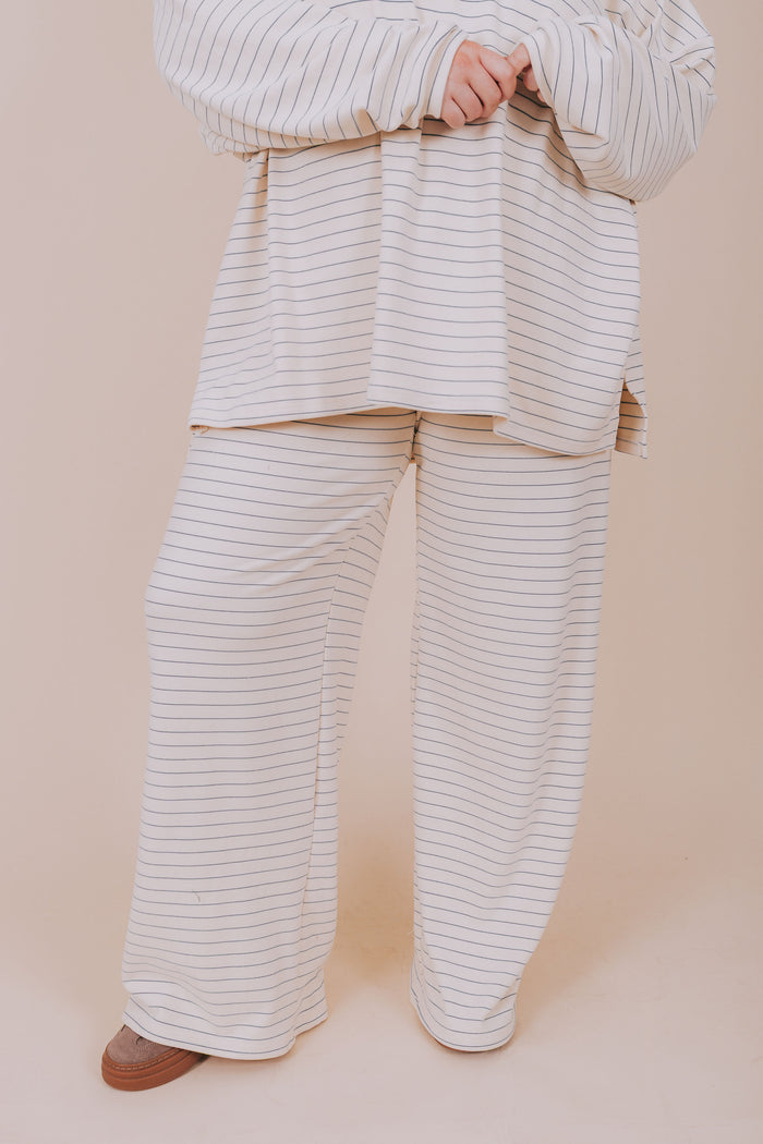 ivory and blue striped lounge pants plus front