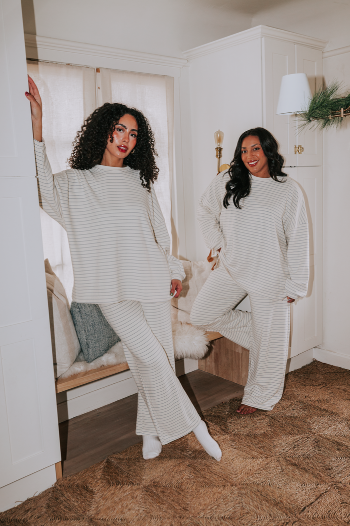 ivory and blue striped oversized long sleeve top lifestyle models
