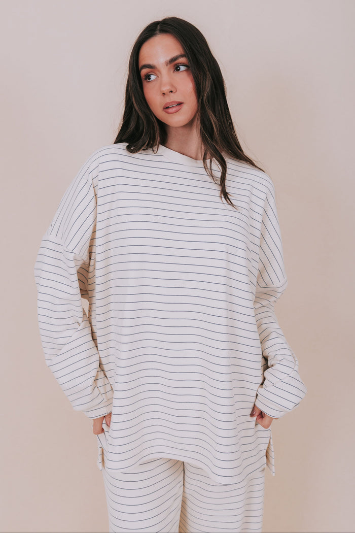 ivory and blue striped oversized long sleeve top
