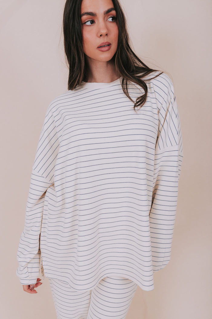 ivory and blue striped oversized long sleeve top front