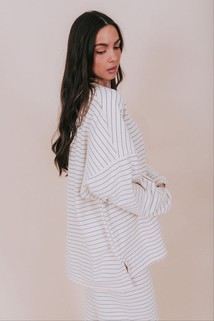 ivory and blue striped oversized long sleeve top side