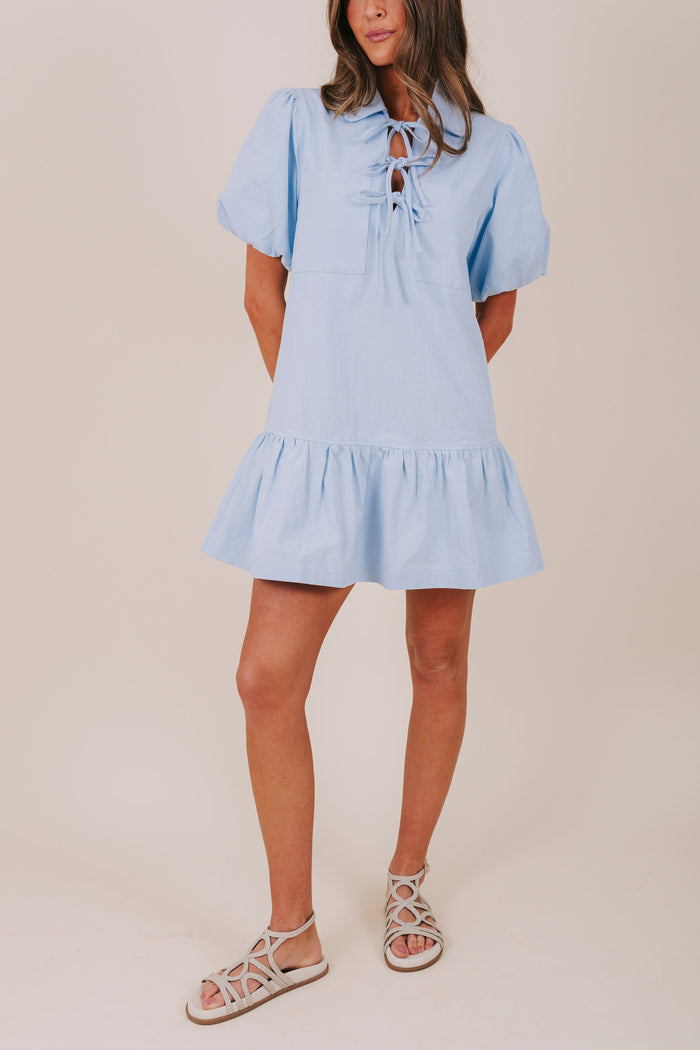 blue bubble sleeve collared mini dress front